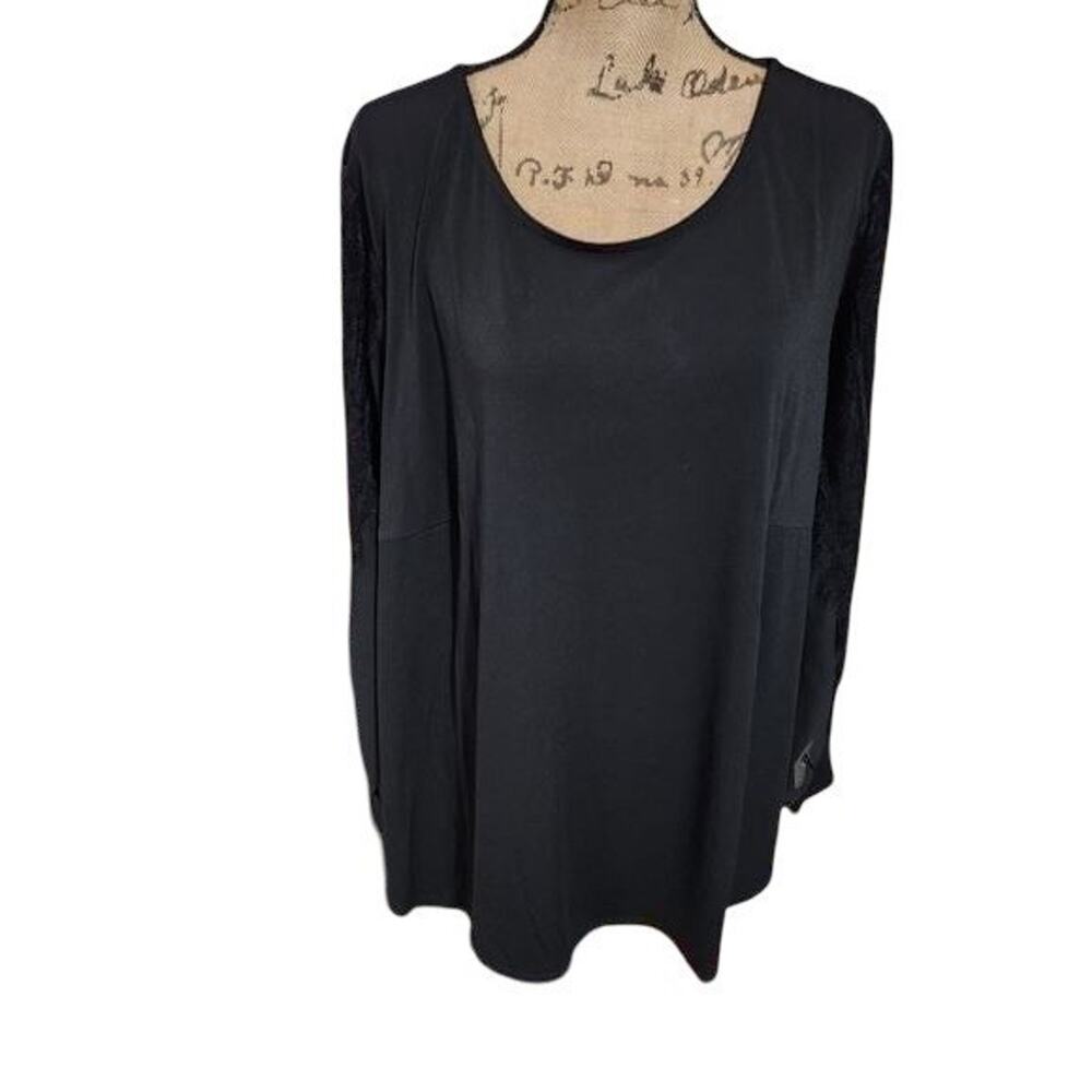 Adrianna Papell black semi sheer lace trimmed lantern sleeve blouse plus size 2X